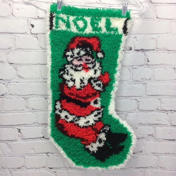 Vintage Christmas Santa Latch Hook Rug Stocking Wall Hanging Handmade 22”x12.5” - Picture 3 of 4